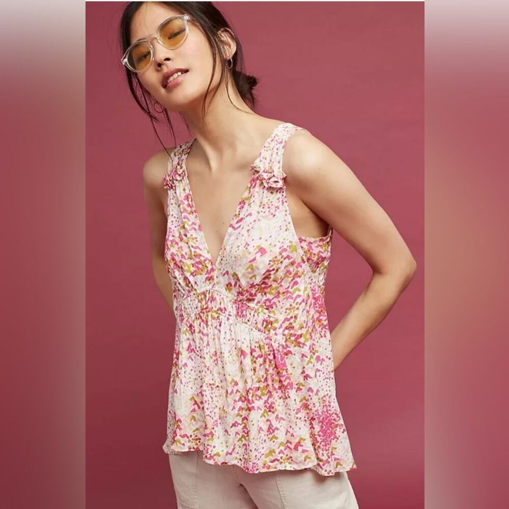 Anthropologie Maeve Bretta Gathered Tank Top pink floral print